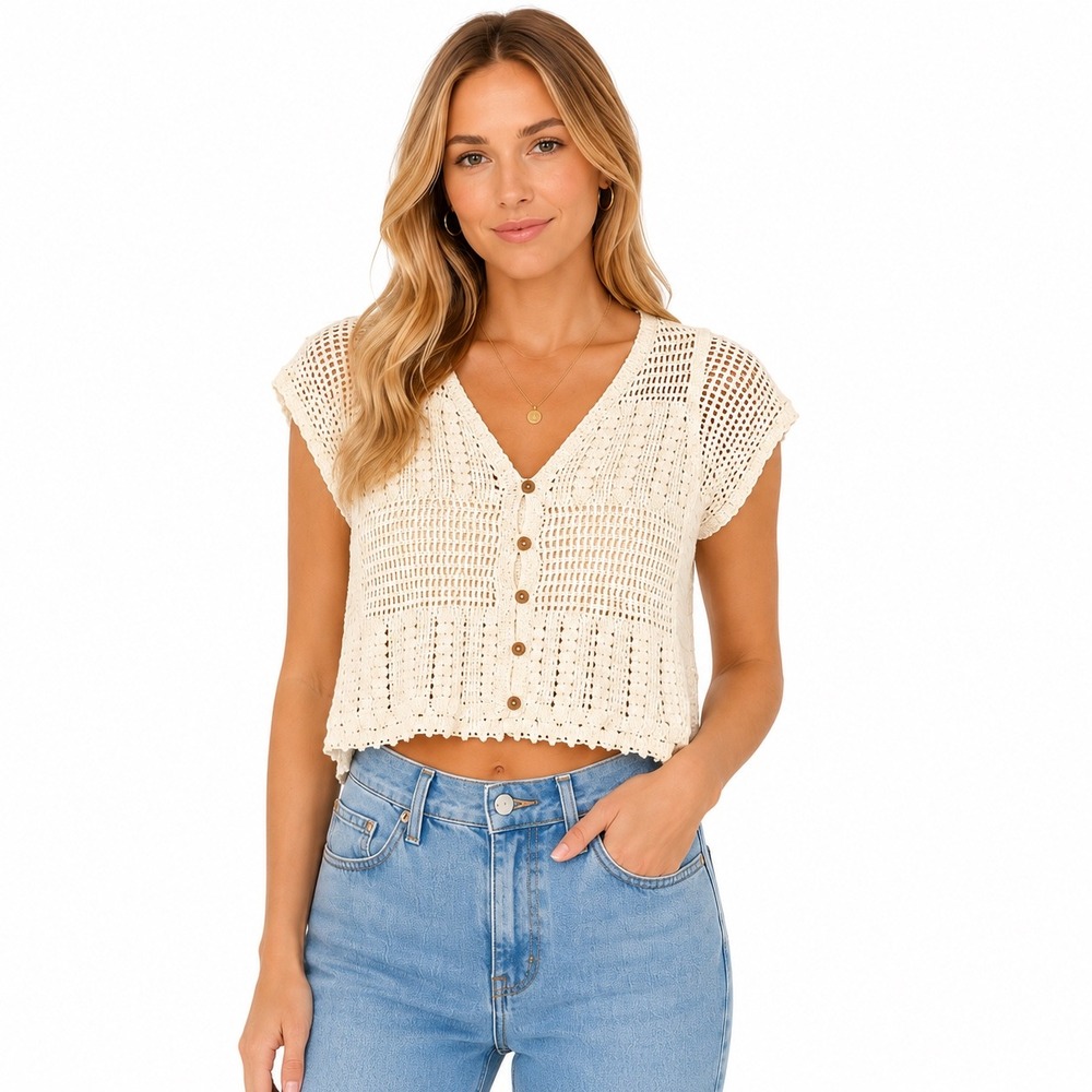 Rebellion Again White Crochet Knit Button Front Cropped Cardigan Top Size M